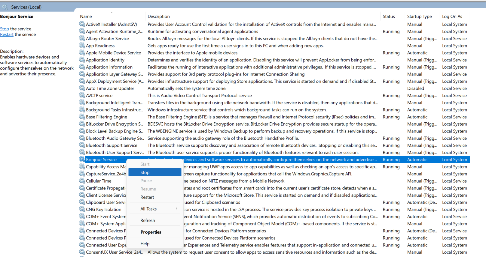 Bonjour service on Windows 11