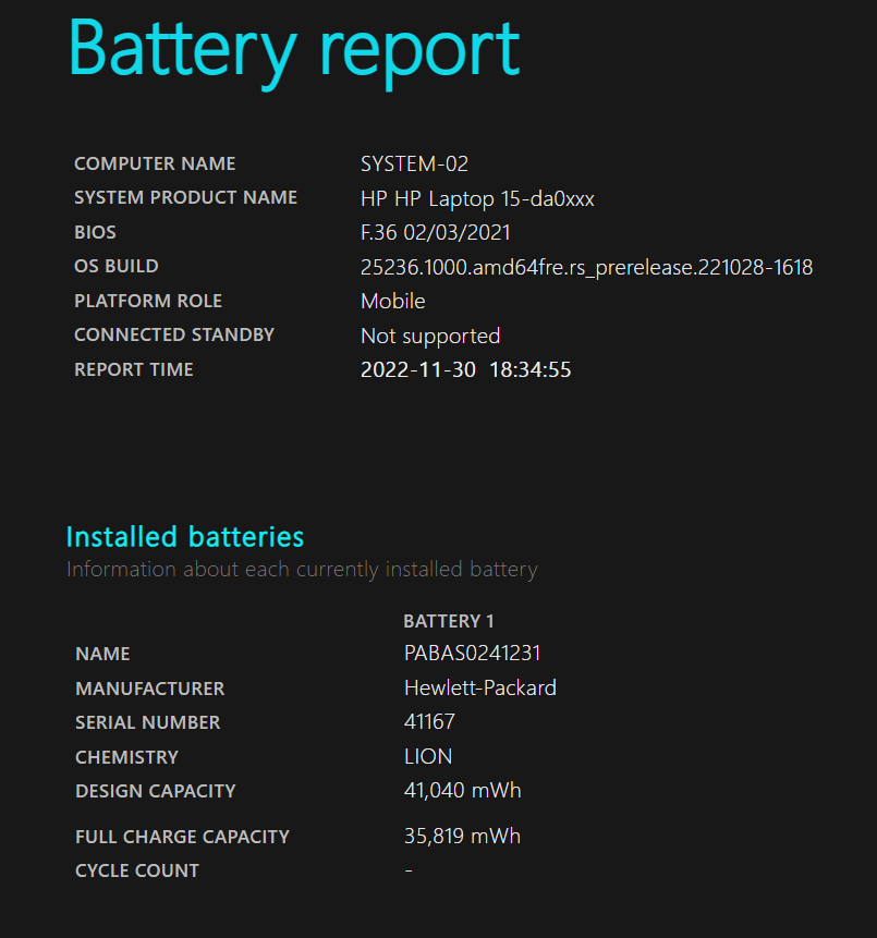 Battery report using Powershell on Windows 10 and Windows 11.