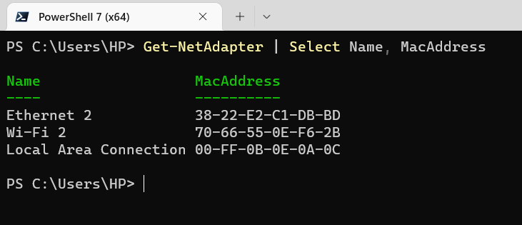 Find macaddress in Powershell using Get-NetAdapter command