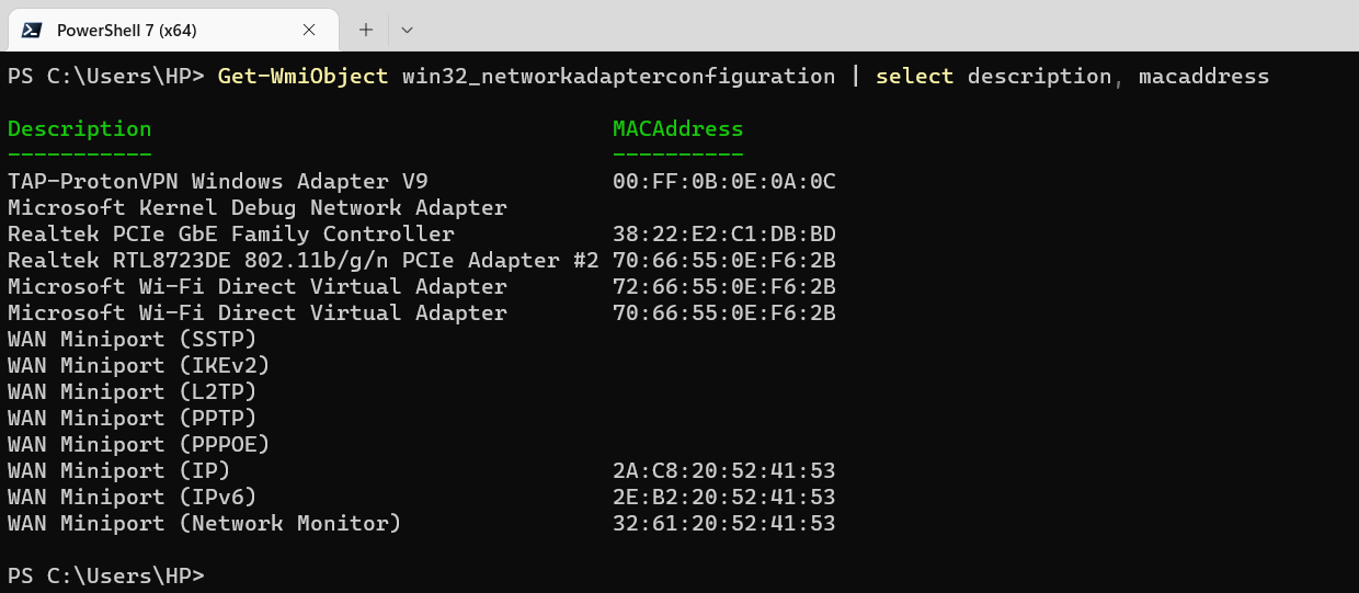 Find the mac address using wmi object command in Powershell