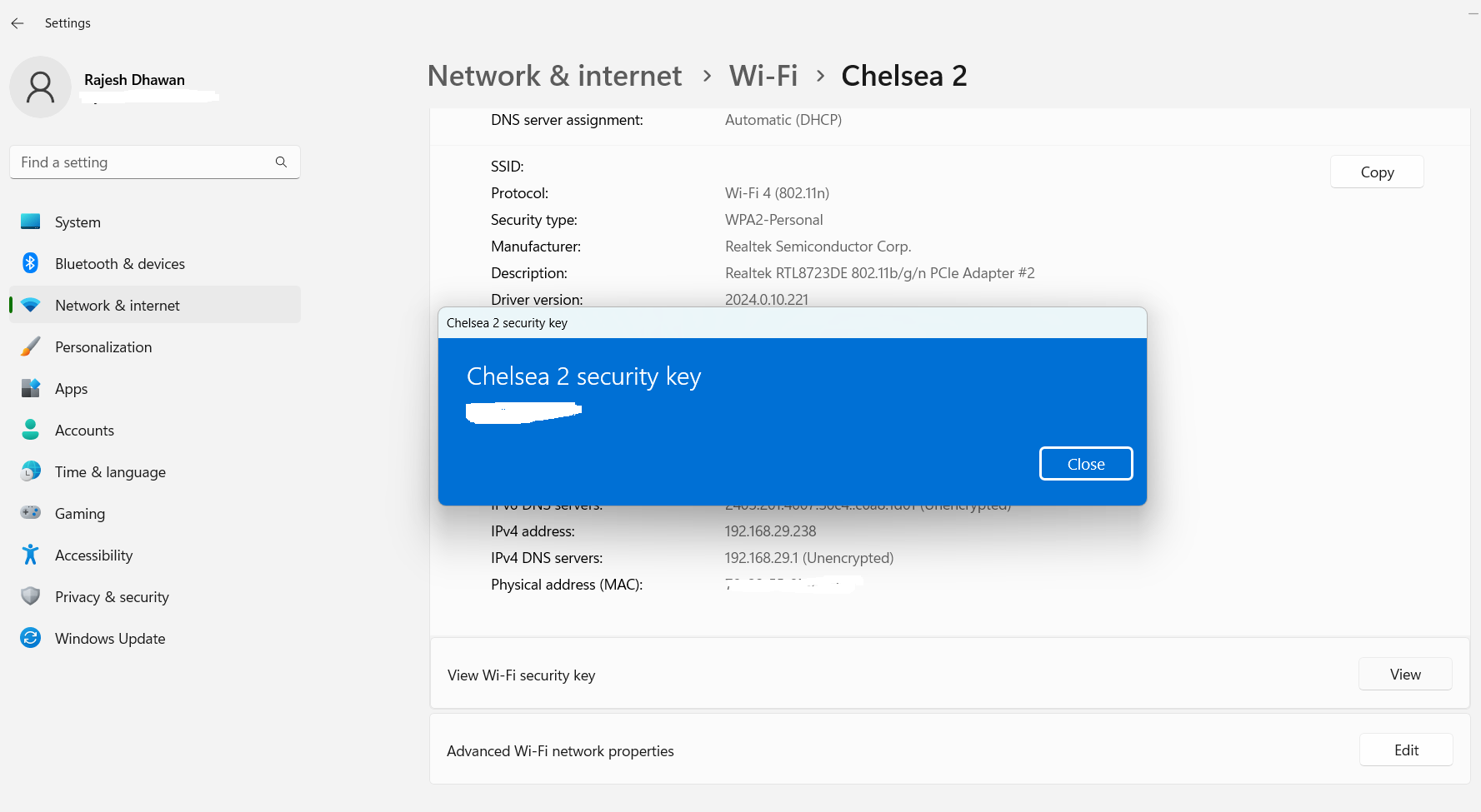 Wi-Fi security key on Windows 11