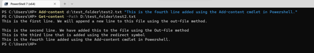 Add-content cmdlet to a file in Powershell.