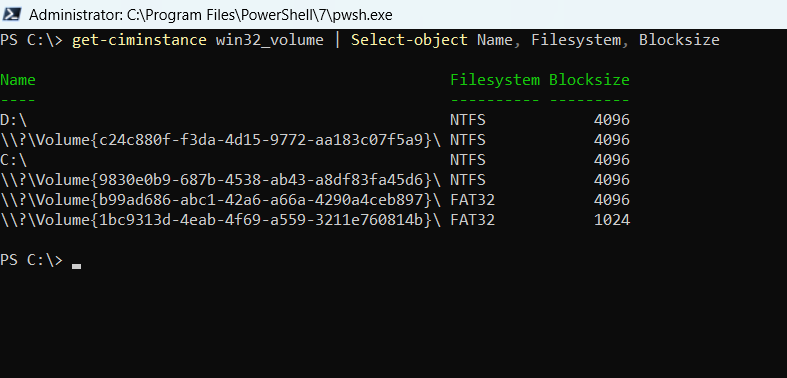 Disk block size using CIM Instance directive in Powershell