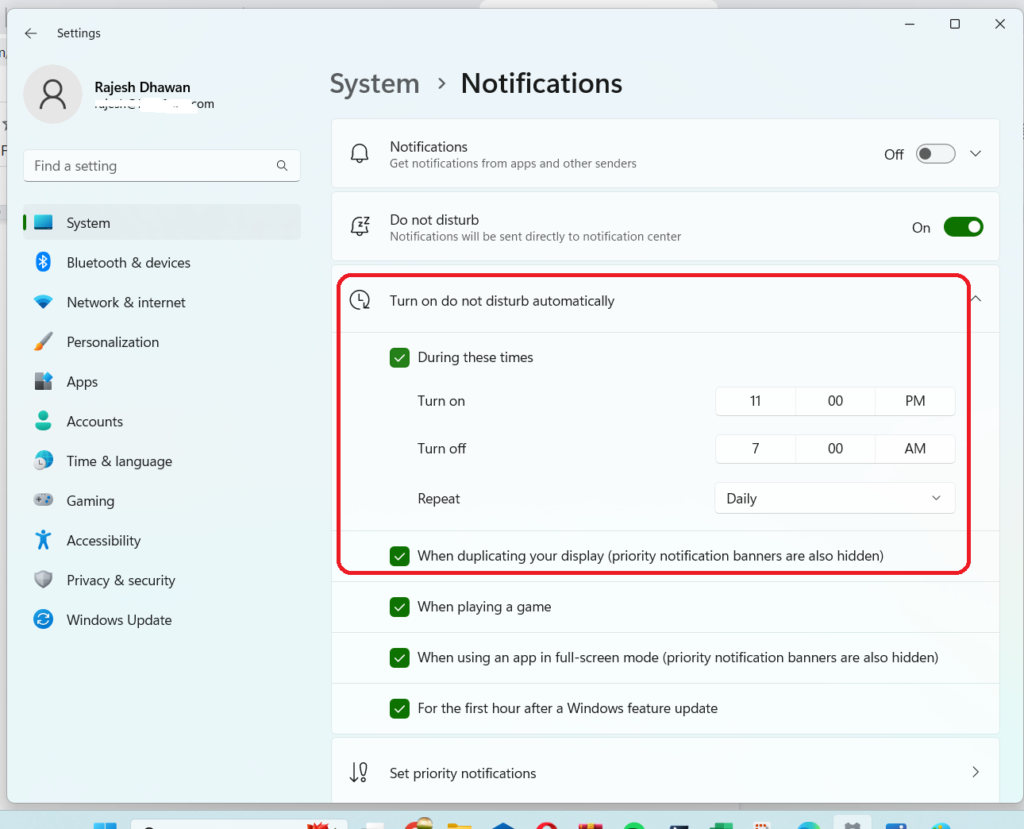 Do not disturb notifications automatically in Windows 11