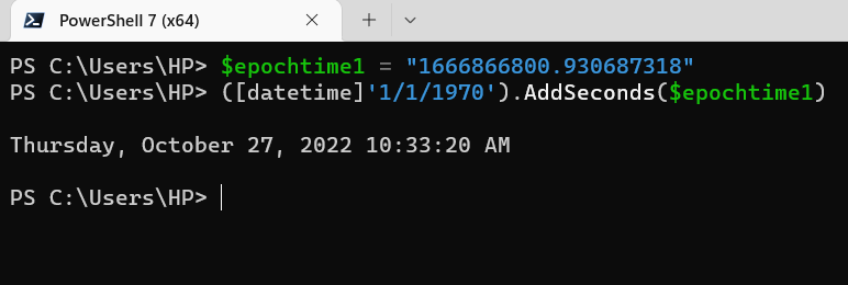 Epoch time to standard format using datetime and AddSeconds method in Powershell.