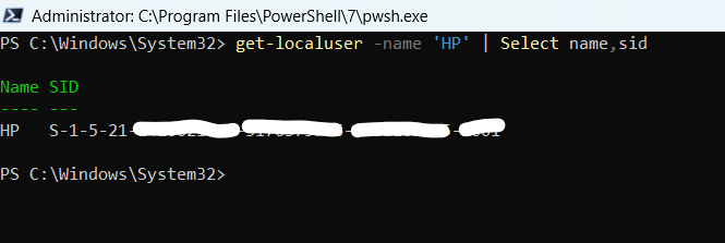 Get-localuser to fetch sid of a user account in Powershell