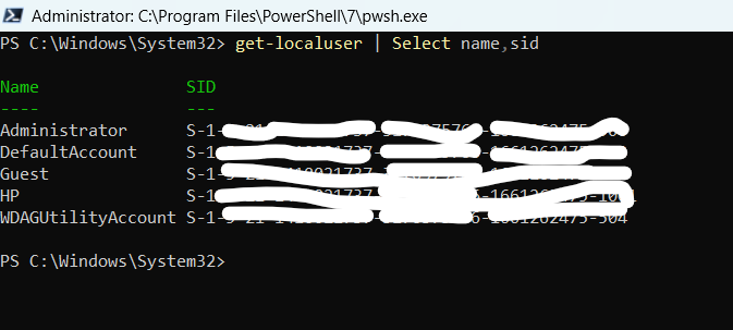 Find the sid of users using the Get-localuser cmdlet in Powershell.