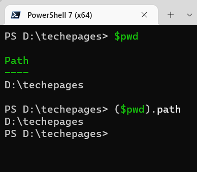 Find current working directory of the console session in Powershell using $pwd.