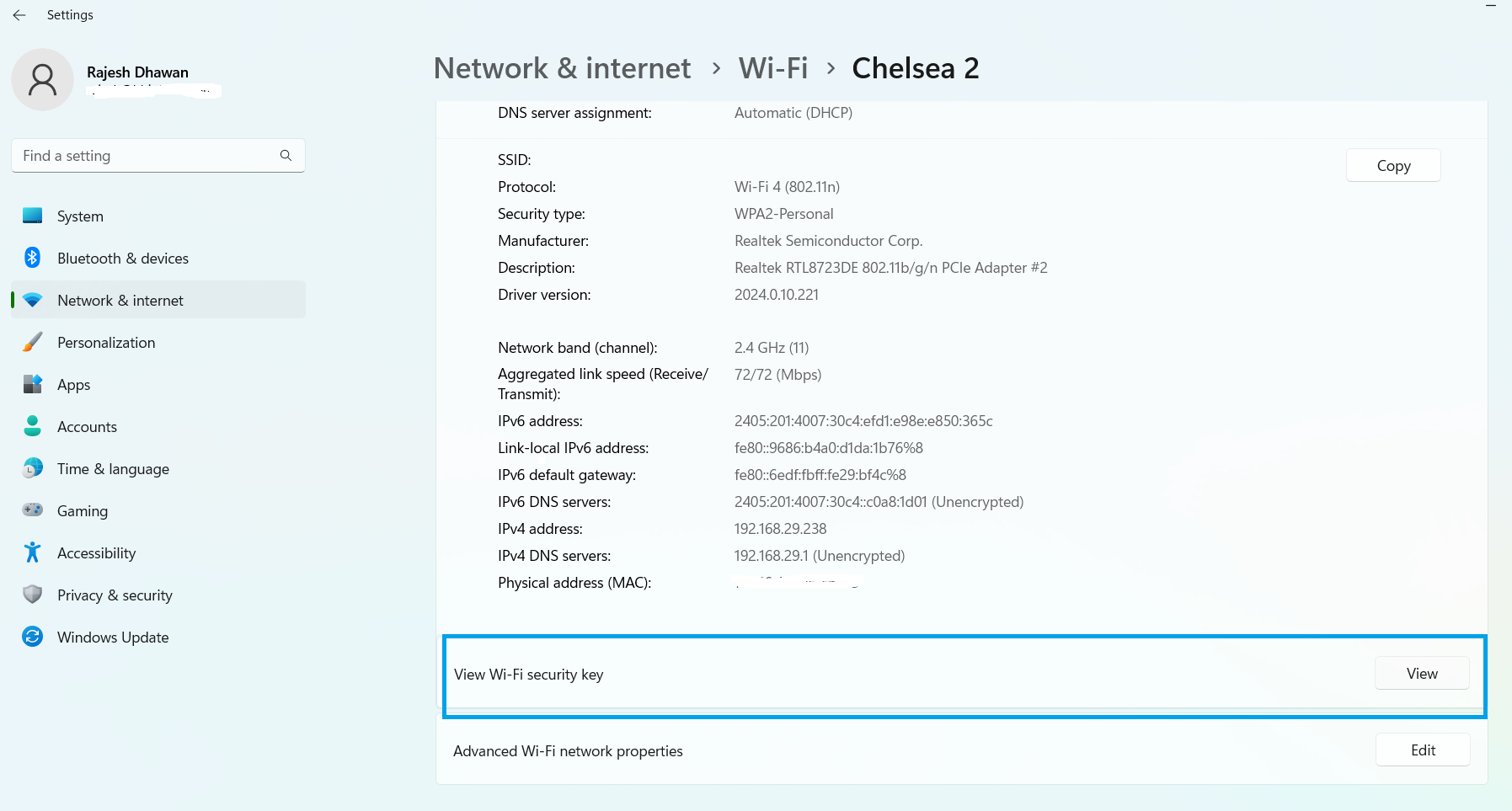 Wi-Fi settings on Windows 11 