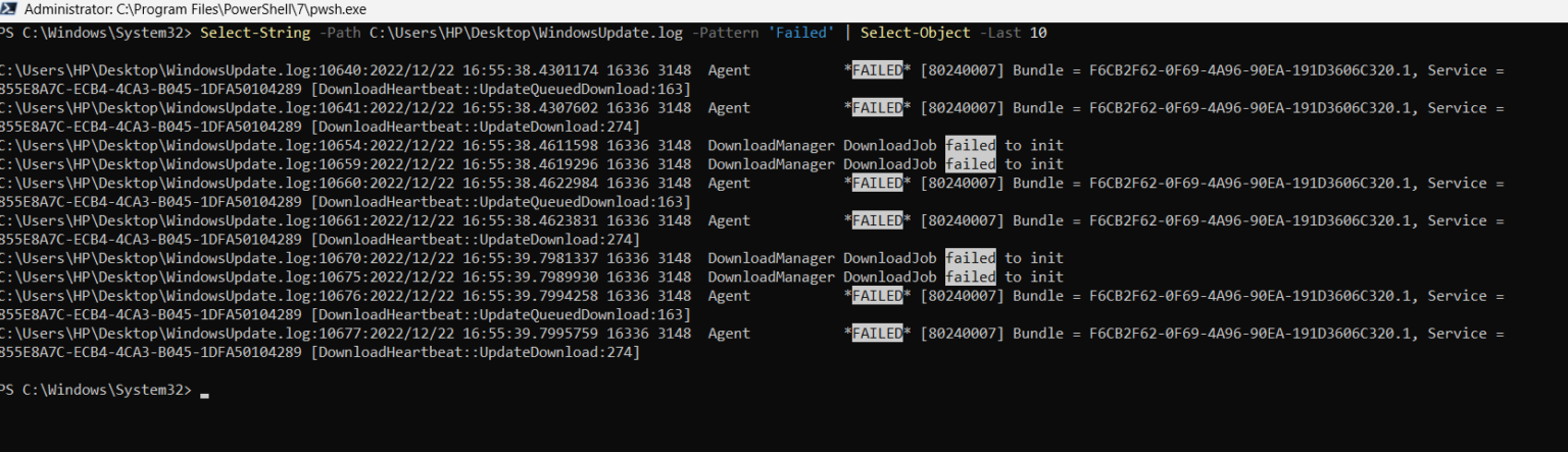 Find failed Windows updates using PowerShell