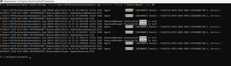 Find failed Windows updates using PowerShell