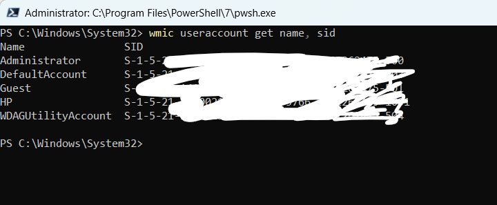 Sid of user accounts on local computer using wmic command in Powershell