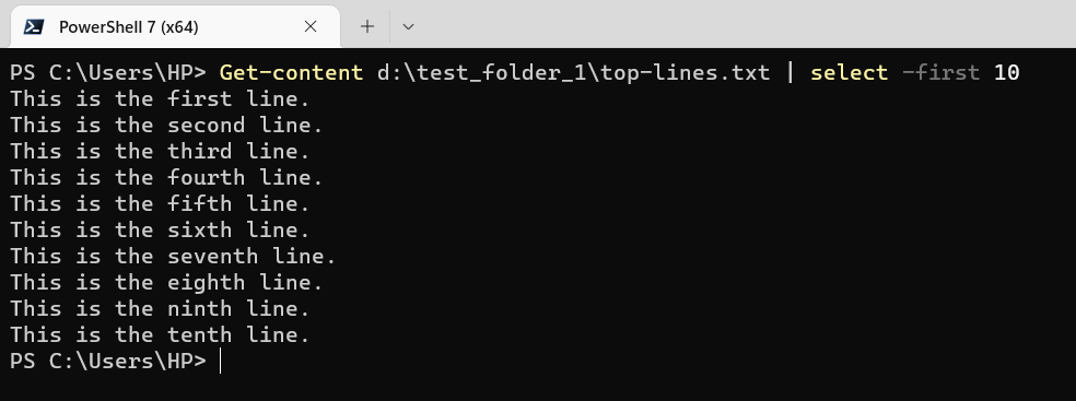 Fetch first 10 lines from a text file using Powershell.