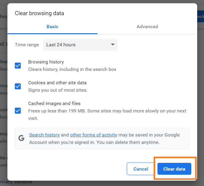 Clear data on Chrome to delete Internet history files on Windows 11 
