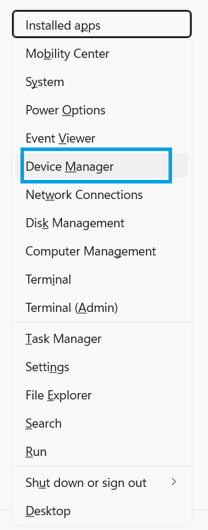 Device manager in Windows power menu