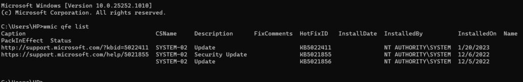 wmic qfe list output